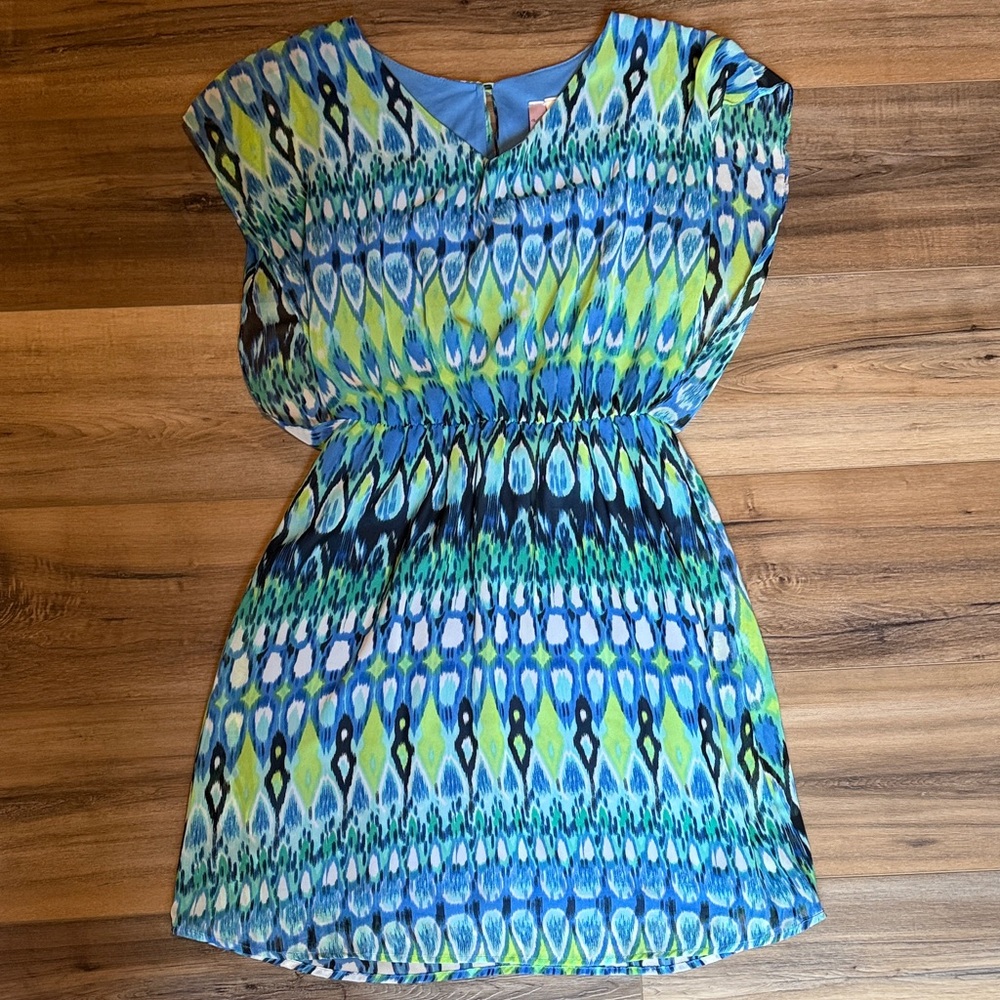 Vibrant Blue & Lime Patterned Short Dress size medium women’s dress